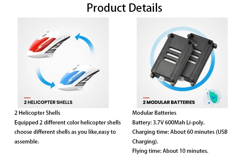 DEERC DE51 Rc Helicopter, 2 HELICOPTER SHELLS 2 MODULAR BATTERIES 2 Helic