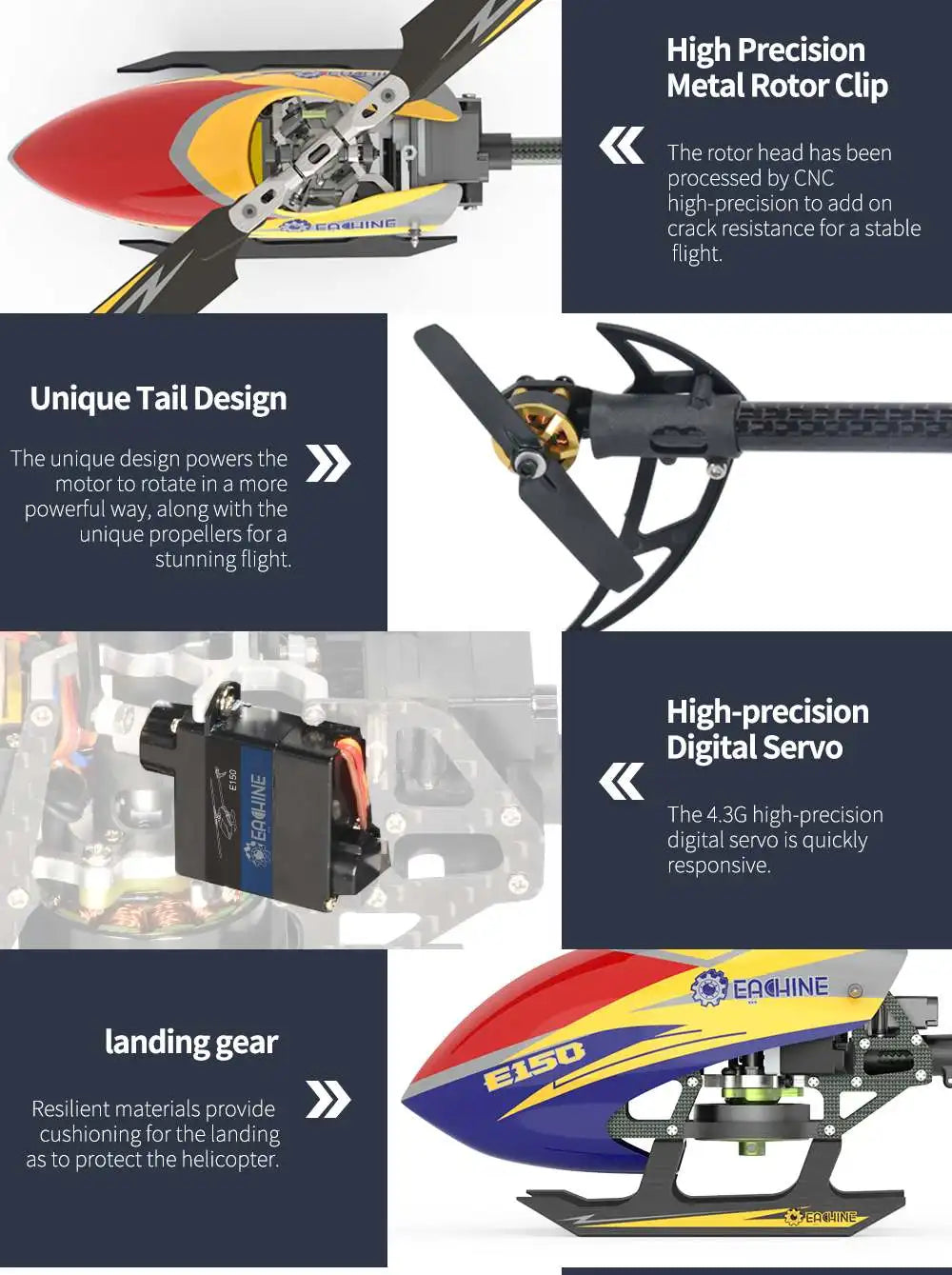 Eachine E150 RC Helicopter, high-precision CNC processing adds on crack resistance for a stable flight . unique