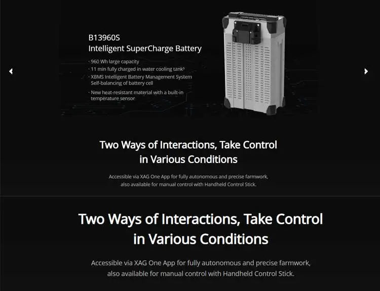 الطائرة بدون طيار الزراعية XAG P100 40L - قلب ذكي مدعوم بالذكاء الاصطناعي مع طائرة بدون طيار للري الزراعي بدقة وكفاءة عالية 20 XAG P100 40L Agricultural Drone, Intelligent SuperCharge Battery '960 Wn large copacity min fully charg