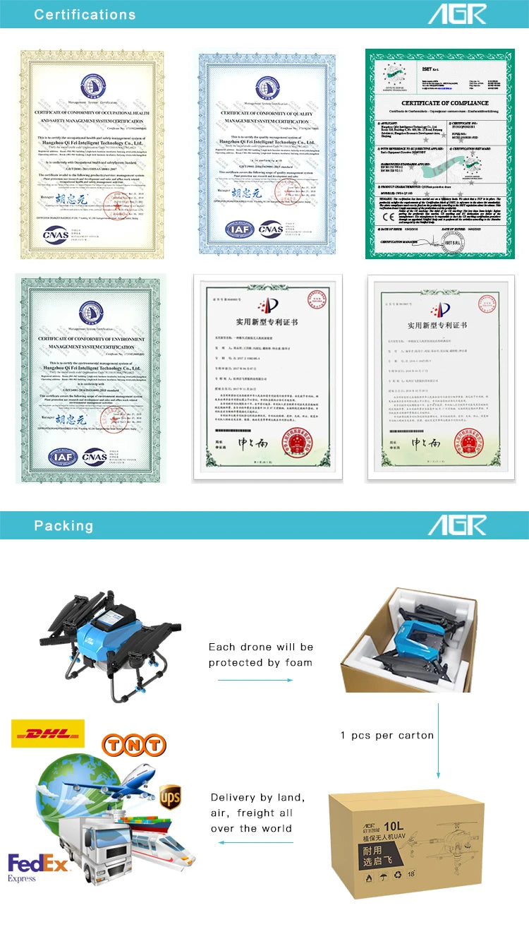 AGR Q10 10L Agriculture Drone, each drone will be protected by foam 78L pcs per carton CQC Delivery