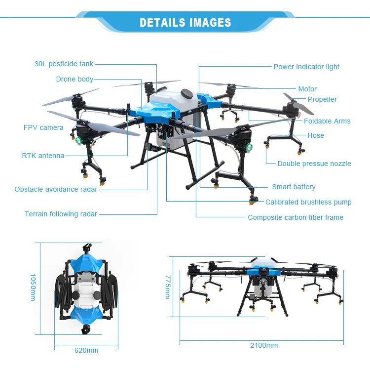 Yuanmu GF-30 30L Agriculture Drone, DETAILS IMAGES 30L pesticide tank - Power indicator light Drone