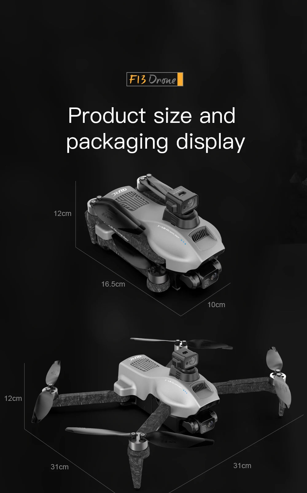 F13 Drone, [F13 Onone] Product size and packaging display 12cm 16.Scm 1