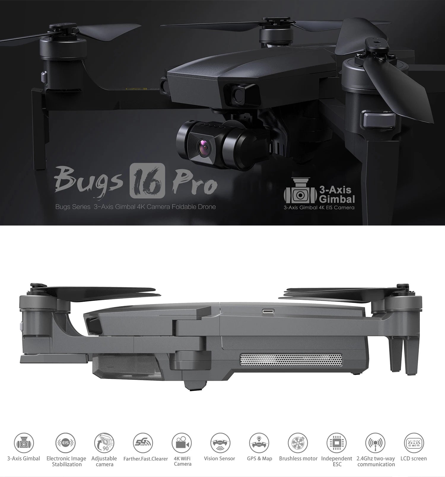 طائرة بدون طيار MJX Bug 16 Pro - 3 محاور Gimbal 4K HD EIS Camera GPS Wifi FPV RC Quadcopter بدون فرش Motoe قابلة للطي احترافية Dron Helicopter كاميرا احترافية بدون طيار 13 MJX Bug 16 Pro Drone, Bugs00 Pro 3-Axis Gimbal Bugs Bugs Series 3Ax