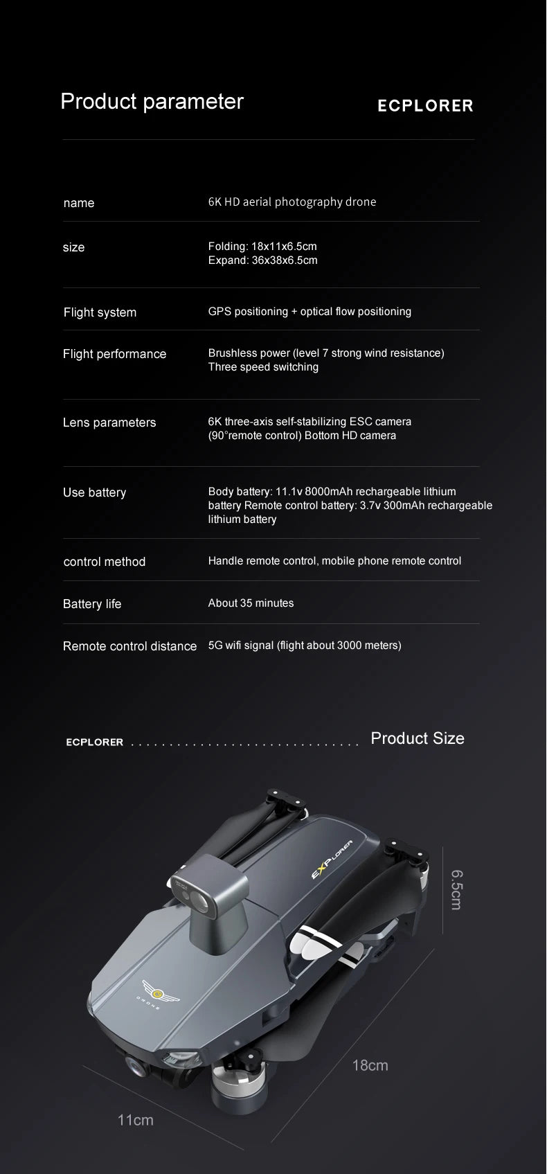 8819 Drone, 6K HD aerial photography drone size Folding: 8x11x