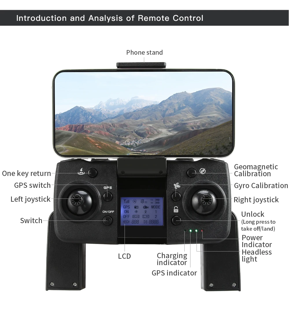 L800 Pro2 Drone, Introduction and Analysis of Remote Control Phone stand Geomagnetic One return Calibration GPS switch