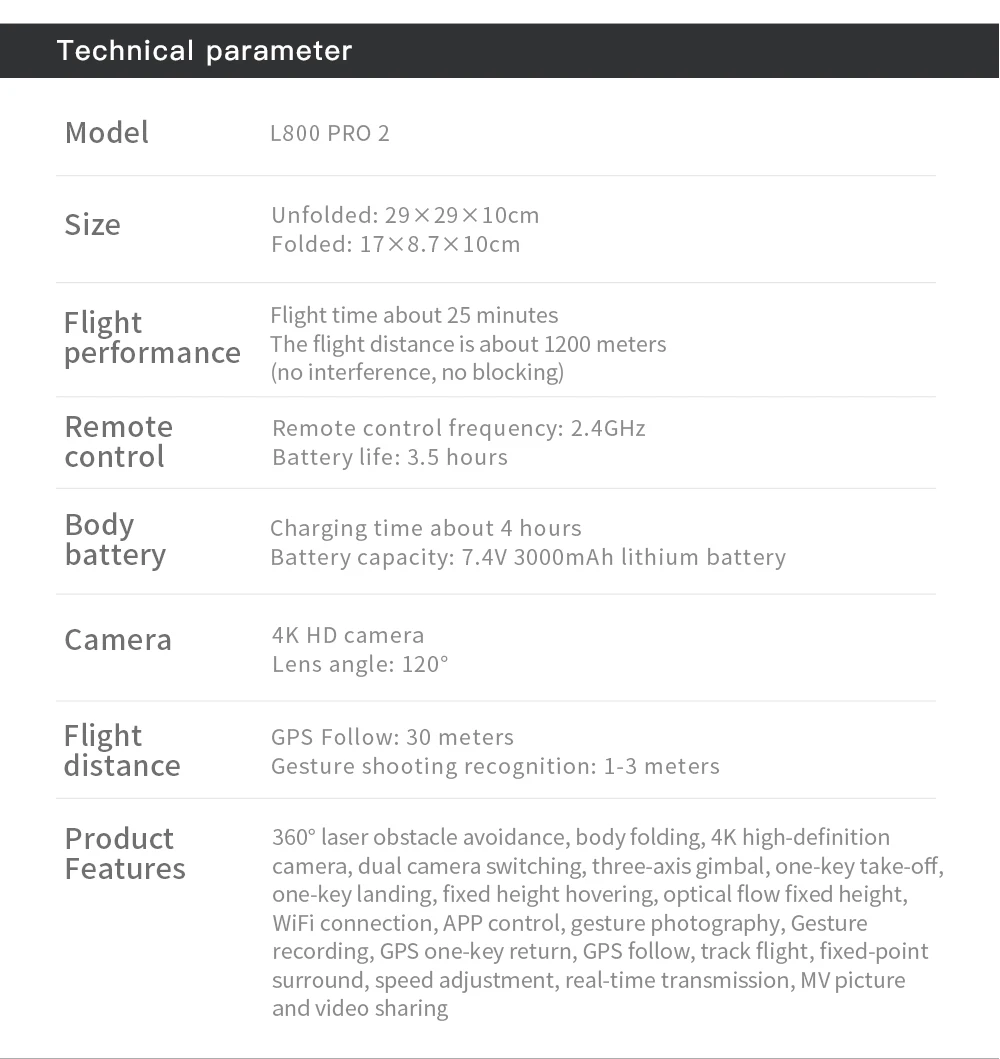 L800 Pro2 Drone, camera; dual camera switching; three-axis gimbal, one take-off