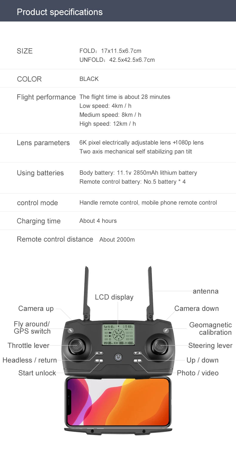 8811 Pro Drone مع بطاقة SD 32G/64 TF - 5G WIFI FPV RTR مع كاميرا 6K HD 2 محور مضادة للاهتزاز ذاتية التثبيت Gimbal Dron كاميرا احترافية بدون طيار 40 8811 Pro Drone, COLOR BLACK Flight performance The flight time is about 28 minutes Low speed: 4km Medium