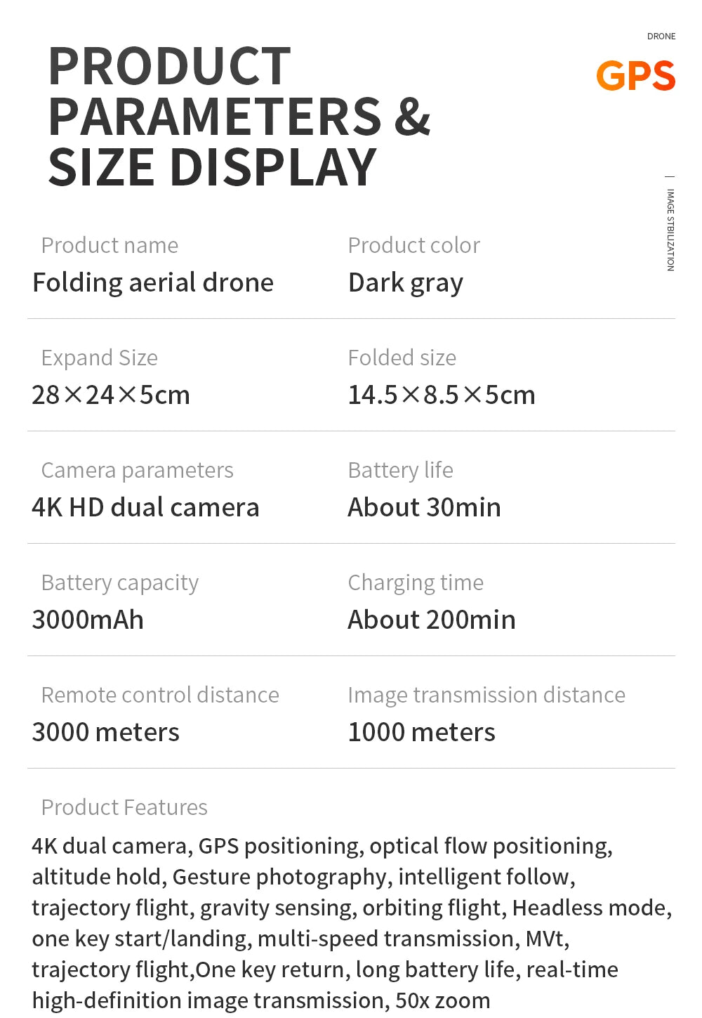 WYFA X3 Drone, DRONE PRODUCT GPS PARAMETERS & SIZE DISPLAY