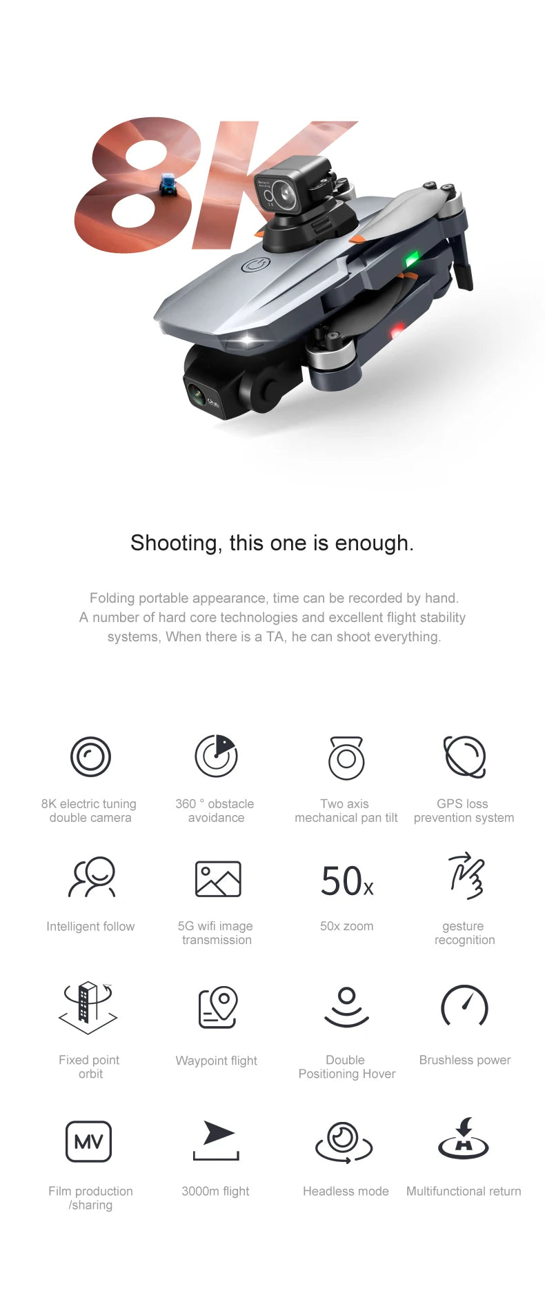 RG101 Pro Drone, 852 Shooting is a folding portable appearance, time can be recorded by hand .