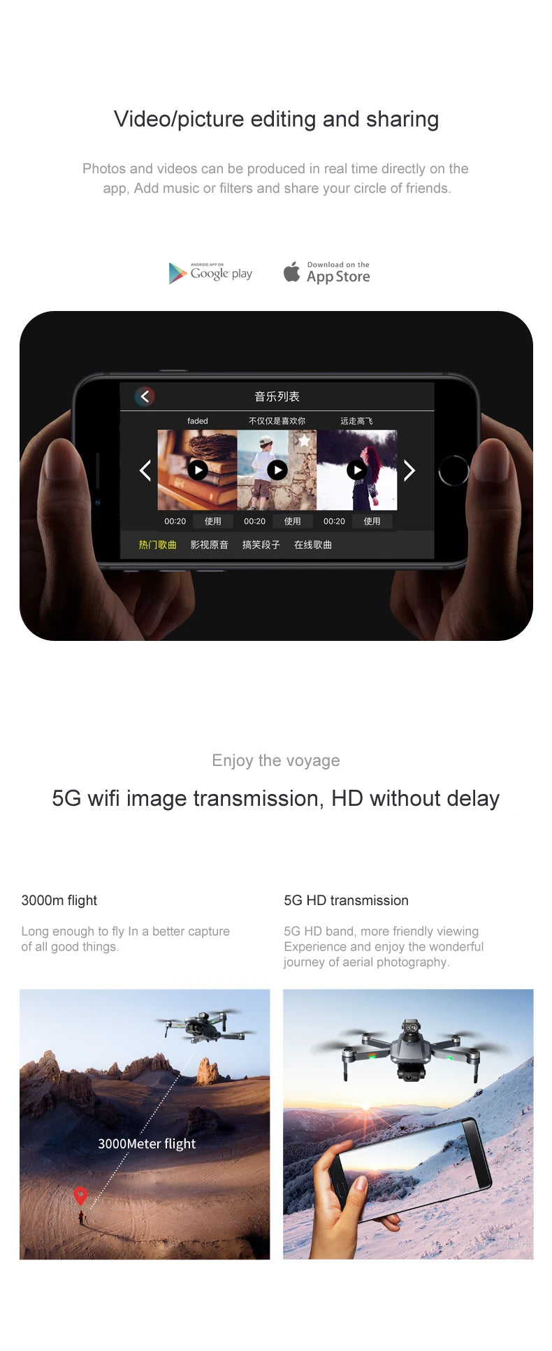 RG101 Pro Drone, videolpicture editing and sharing Photos and videos can be produced in real time directly on the