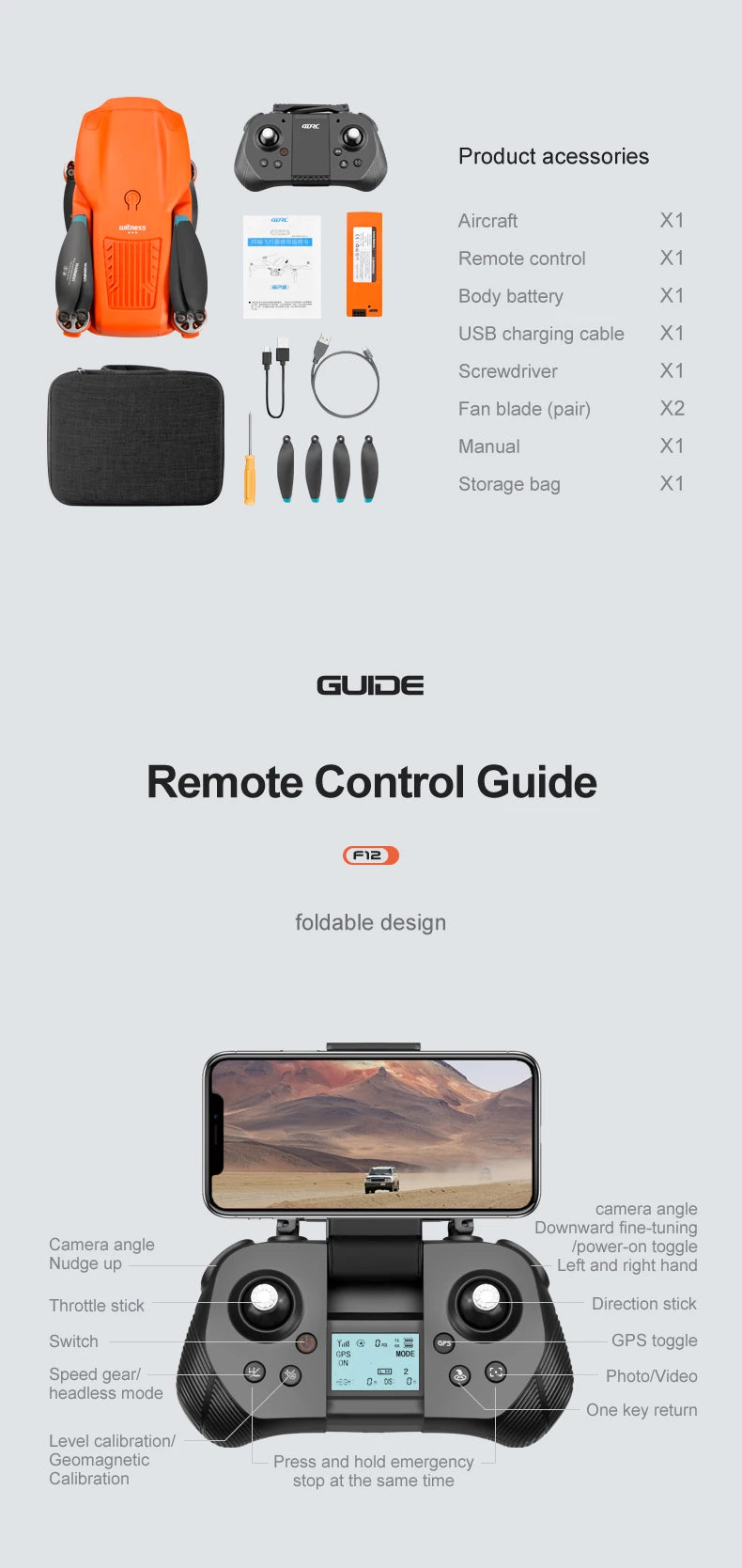 F12 GPS Drone, X1 GUIDE Remote Control Guide foldable design camera angle Downward fine-tun