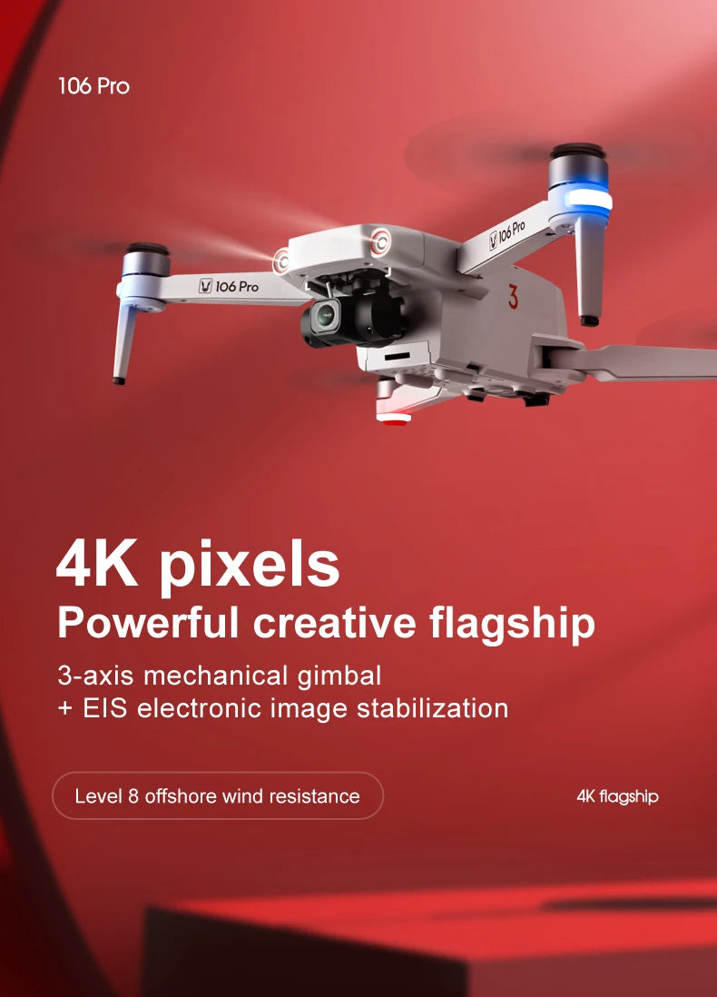 106 Pro GPS Drone - 4K HD كاميرا مزدوجة ثلاثية المحاور مضادة للاهتزاز Gimbal 5G WIFI FPV محرك بدون فرشاة قابلة للطي كوادكوبتر هدية لعبة كاميرا احترافية بدون طيار 13 106 Pro GPS Drone, EIS electronic image stabilization Level 8 offshore wind resistance 4K flagship