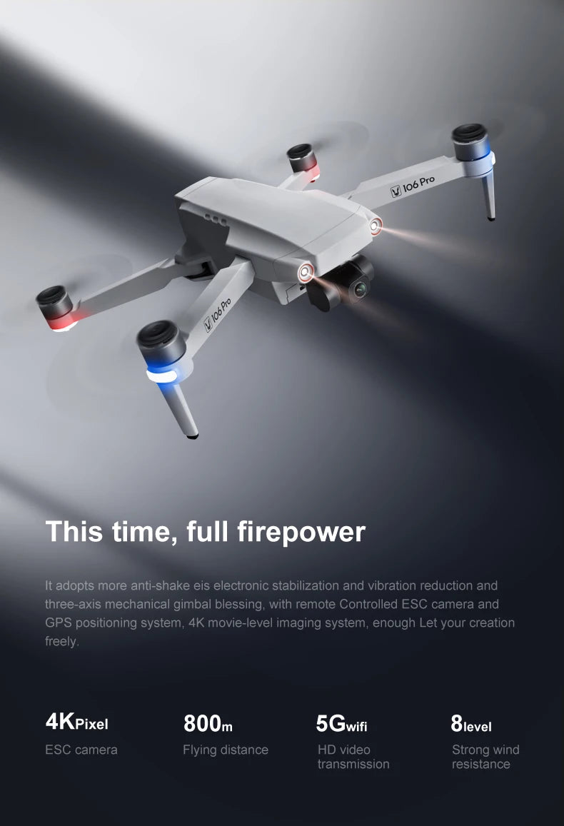 106 Pro GPS Drone - 4K HD كاميرا مزدوجة ثلاثية المحاور مضادة للاهتزاز Gimbal 5G WIFI FPV محرك بدون فرشاة قابلة للطي كوادكوبتر هدية لعبة كاميرا احترافية بدون طيار 14 106 Pro GPS Drone, 4KPixel 800m 5Gwifi 8