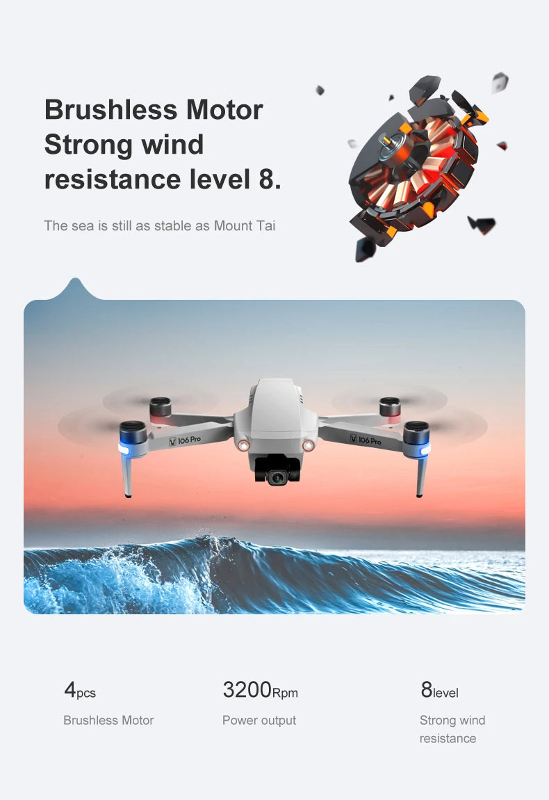 106 Pro GPS Drone - 4K HD كاميرا مزدوجة ثلاثية المحاور مضادة للاهتزاز Gimbal 5G WIFI FPV محرك بدون فرشاة قابلة للطي كوادكوبتر هدية لعبة كاميرا احترافية بدون طيار 24 106 Pro GPS Drone, Mount Tai V 106 Pro 3200Rpm 8level Brushless