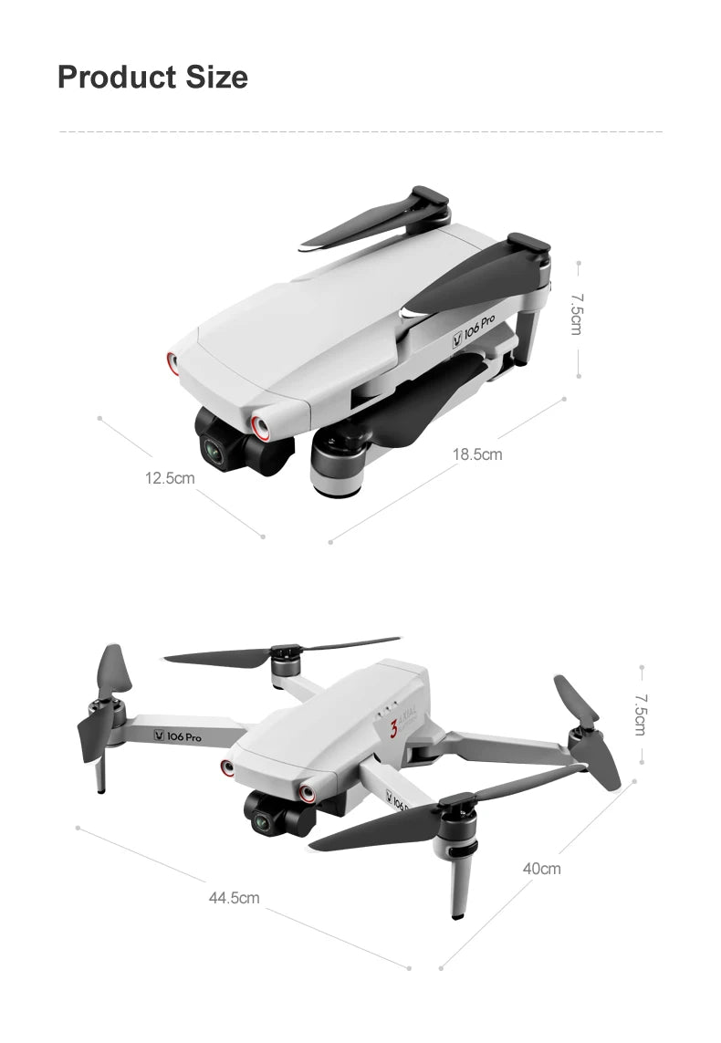 106 Pro GPS Drone - 4K HD كاميرا مزدوجة ثلاثية المحاور مضادة للاهتزاز Gimbal 5G WIFI FPV محرك بدون فرشاة قابلة للطي كوادكوبتر هدية لعبة كاميرا احترافية بدون طيار 35 106 Pro GPS Drone, Product Size 5 18.Scm 12.5cm 5 106