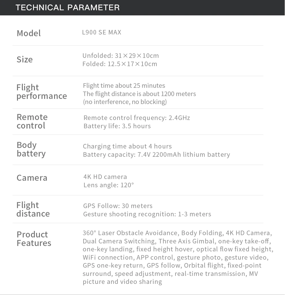 L900 SE MAX Drone, TECHNICAL PARAMETER Model L900 SE MAX Unfolded: 31
