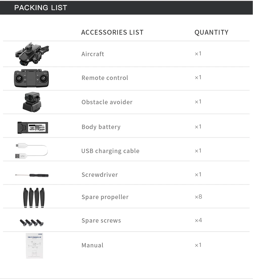 L900 SE MAX Drone, PACKING LIST ACCESSORIES QUANTITY Aircraft Remote control Obst