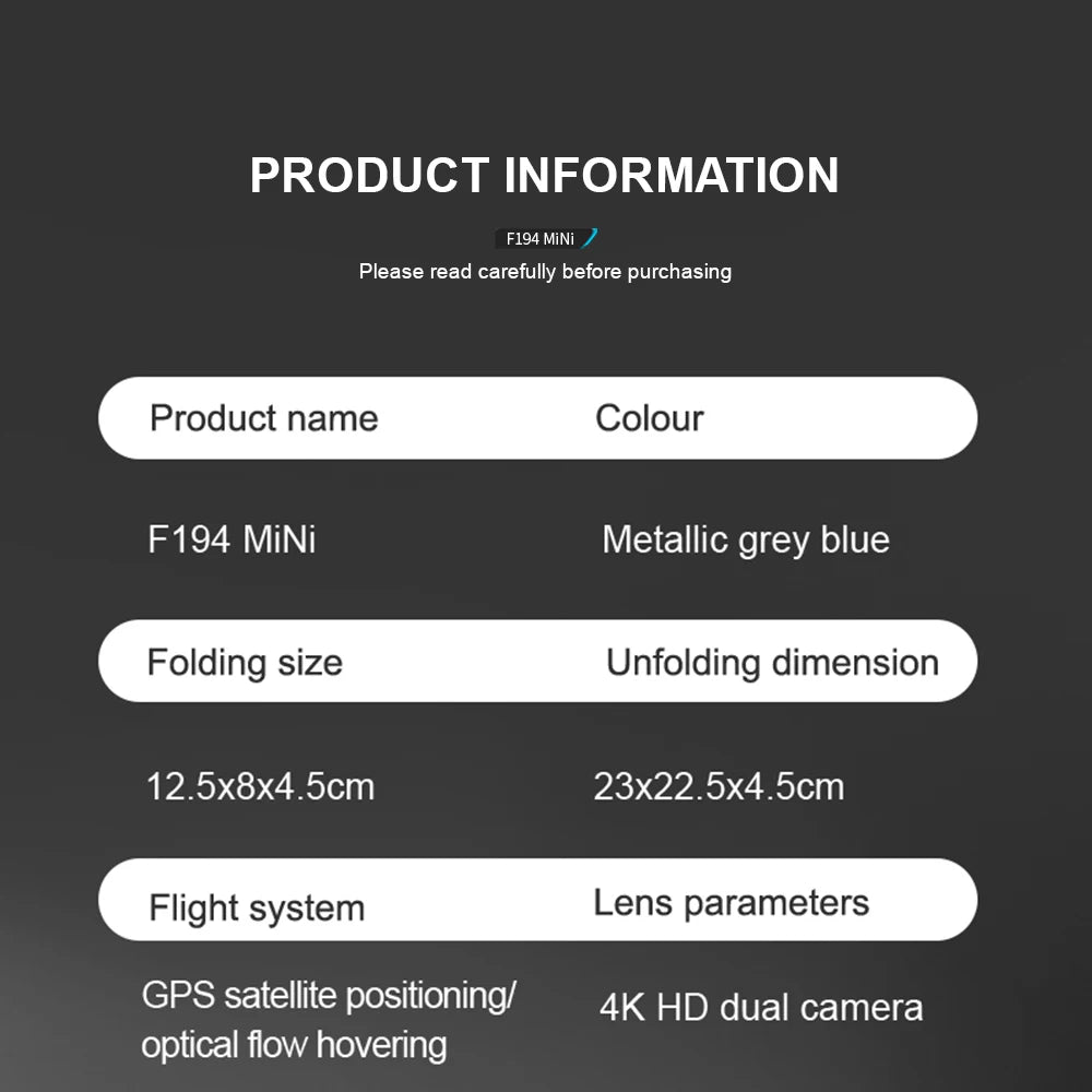 F194 GPS Drone, F194 MiNi Metallic grey blue Folding size Unfolding dimension 12.5x
