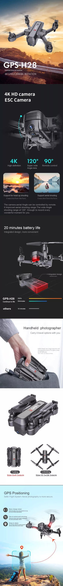 H28 Drone, GPS H28 #K UHDICAMERA ROTATION 4K HD camera ESC