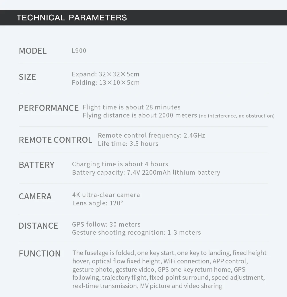 L900 Pro SE MAX Drone, TECHNICAL PARAMETERS MODEL L900 SIZE Expand: 32X32