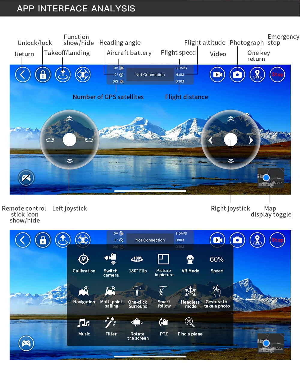 L900 Pro SE MAX Drone, APP INTERFACE ANALYSIS Function Emergency Unlock/lock show/hid