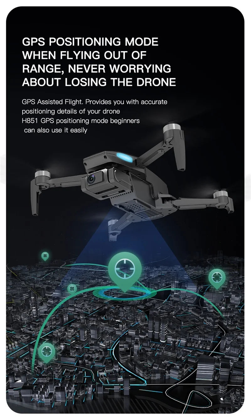 H851 GPS Drone - 4K HD كاميرا مزدوجة واي فاي Fpv 2-Axis RC هليكوبتر ارتفاع عقد وضع مقطوعة الرأس احترافية قابلة للطي كوادكوبتر RC لعبة كاميرا احترافية بدون طيار 24 H851 GPS Drone, H851 GPS positioning mode provides you with accurate positioning details of your drone . beginners can