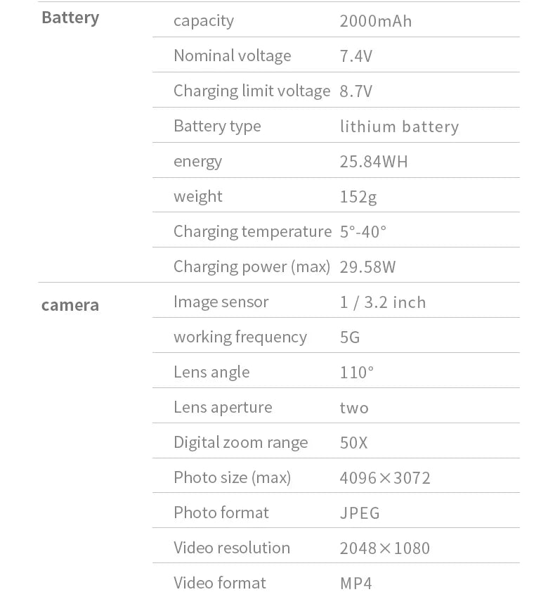 X2 Pro3 الطائرة بدون طيار 8K HD كاميرا 3 محاور Gimbal نظام تحديد المواقع المهنية المضادة للاهتزاز التصوير الجوي طوي كوادكوبتر كاميرا احترافية بدون طيار 18 X2 Pro3 Drone, Battery capacity 2000mAh Nominal voltage 7.4V Charging limit voltage 8.7V Battery
