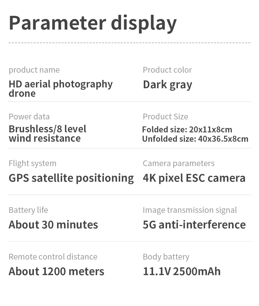 New GPS Drone, Parameter display product name Product color HD aerial photography Dark gray drone Power data Product size Brushless