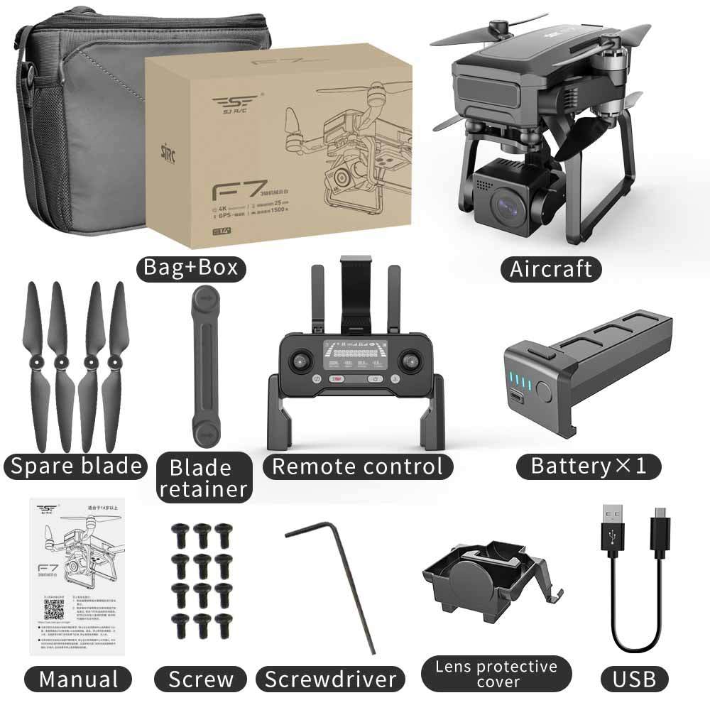 SJRC F7 PRO / F7S Pro Drone, Bag+Box Aircraft Gpare blade Blade Blade Remote control BatteryX 1 retainer T