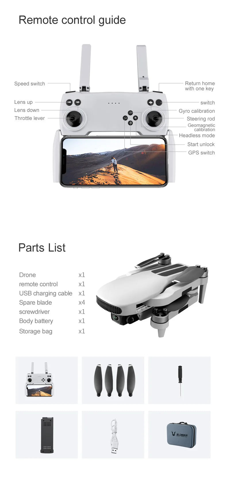 2023 New LU3 Max GPS Drone, Remote control guide Speed switch Return home with one key Lens up switch Lens