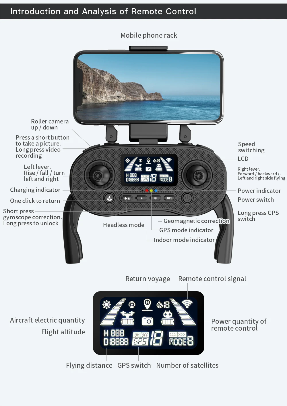 L500 PRO GPS Drone, Introduction and Analysis of Remote Control Mobile phone rack Roller camera up down Press a short button to