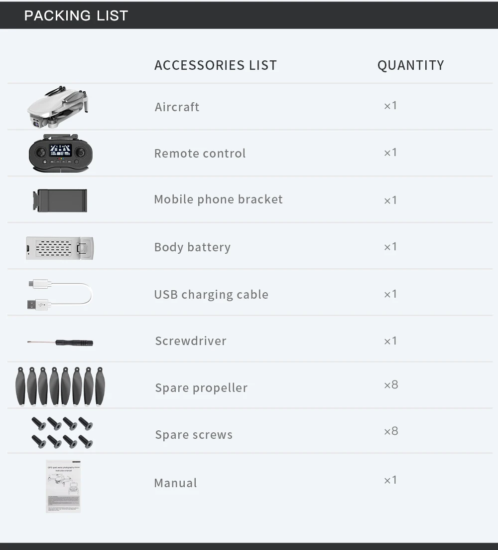 L500 PRO GPS Drone, PACKING LIST ACCESSORIES QUANTITY Aircraft x1