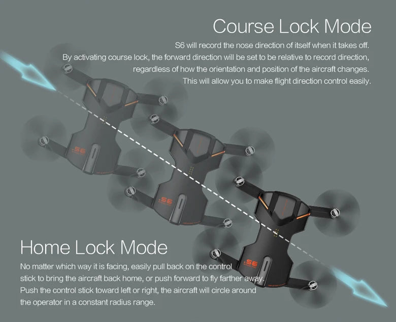 S6 Drone - GPS WI-FI APP Control 4K HD UHD Camera Foldable Arm Pocket Selfie Drone WiFi FPV RC Quadcopter Professional Camera Drone 16 S6 Drone, Course Lock Mode S6 will record the nose direction of itself it takes off . this will