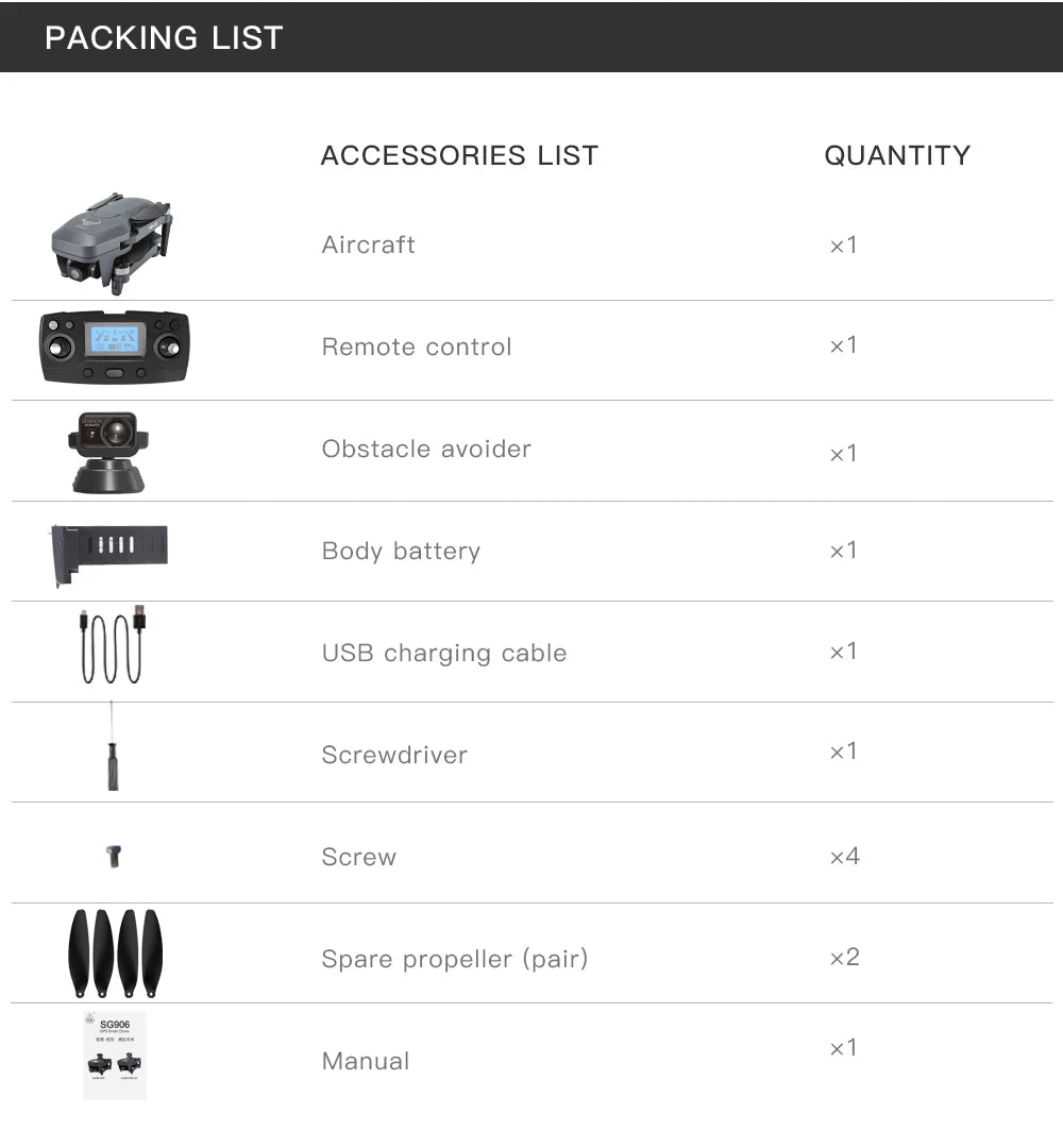ZLL SG906 MINI SE Drone, PACKING LIST ACCESSORIES QUANTITY Aircraft x1