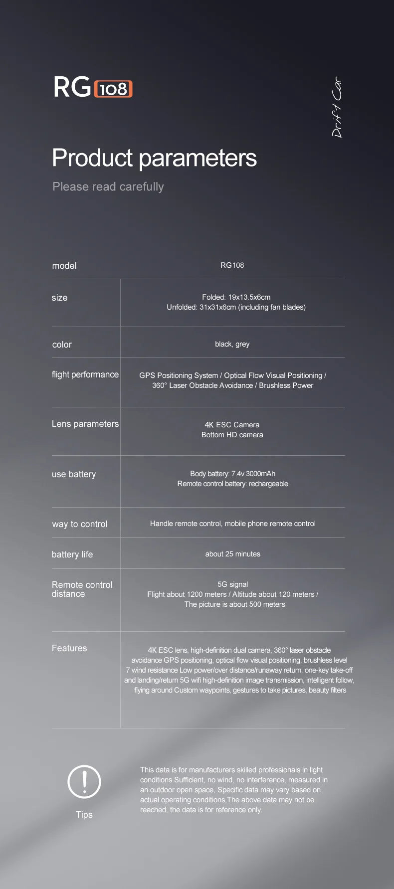 RG108 /RG108 Pro GPS Drone - Professional 4K HD Camera FPV Obstacle Acoidance Brushless Motor Foldable Quadcopter Dron Professional Camera Drone 45 RG108 /RG108 Pro GPS Drone, data is for manufacturers skilled professionals in light conditions Sufficient no wind no interference; measured In