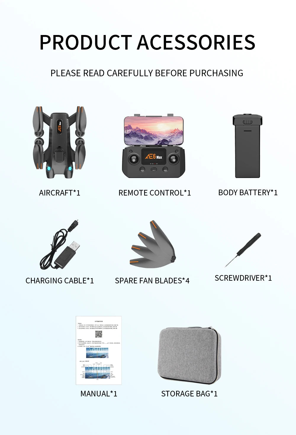 New AE6 / AE6 Max Drone, A6 Max AIRCRAFT*1 REMOTE CONTROL*1 BODY