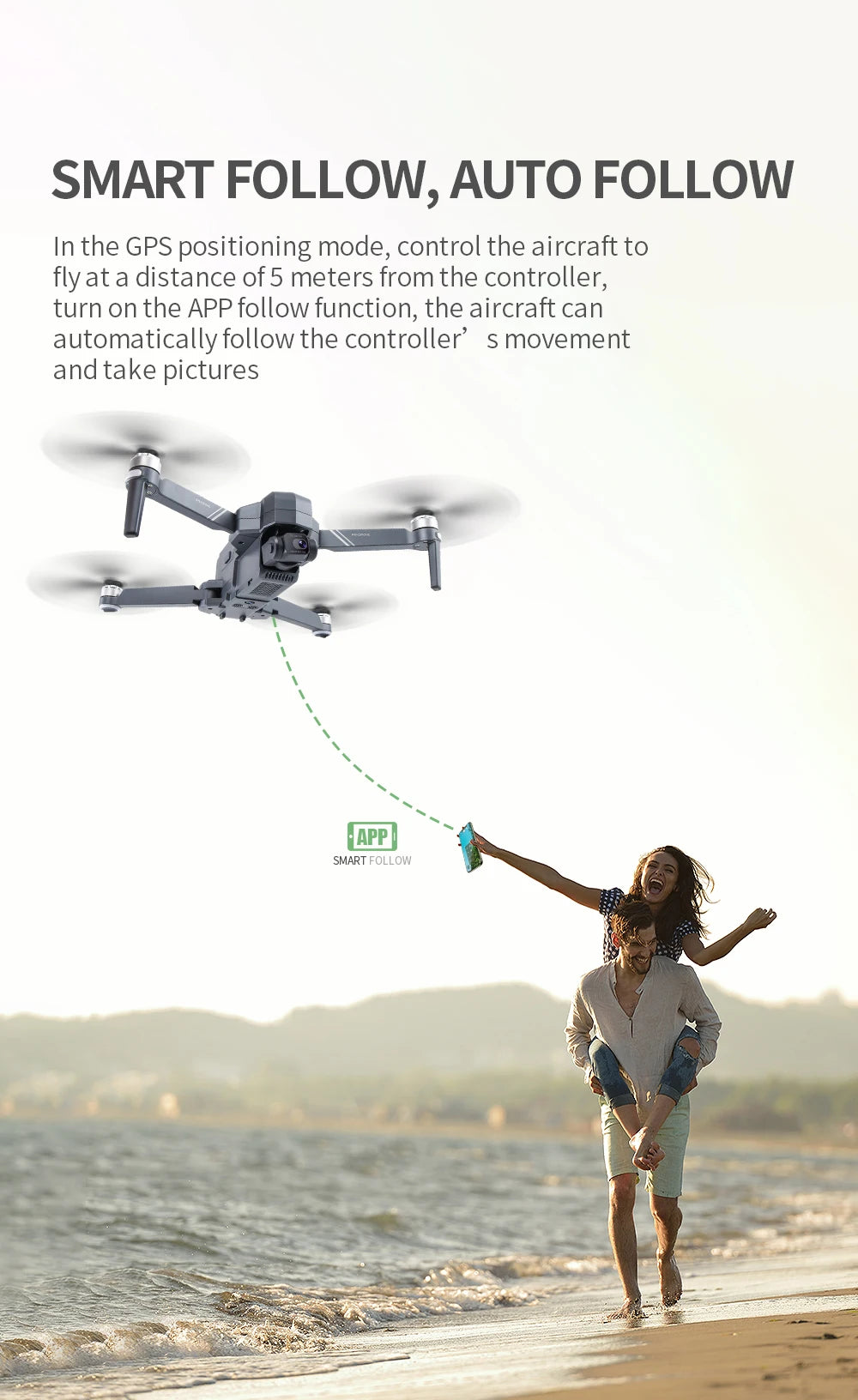 SJRC F11 / F11S Pro Drone - With 4K HD Camera 3KM WIFI GPS EIS 2-axis Anti-Shake Gimbal FPV Brushless Quadcopter Professional RC Dron Professional Camera Drone 68 SJRC F11 / F11S Pro Drone, turn on the APP follow function; the aircraft can follow the controller' s movement