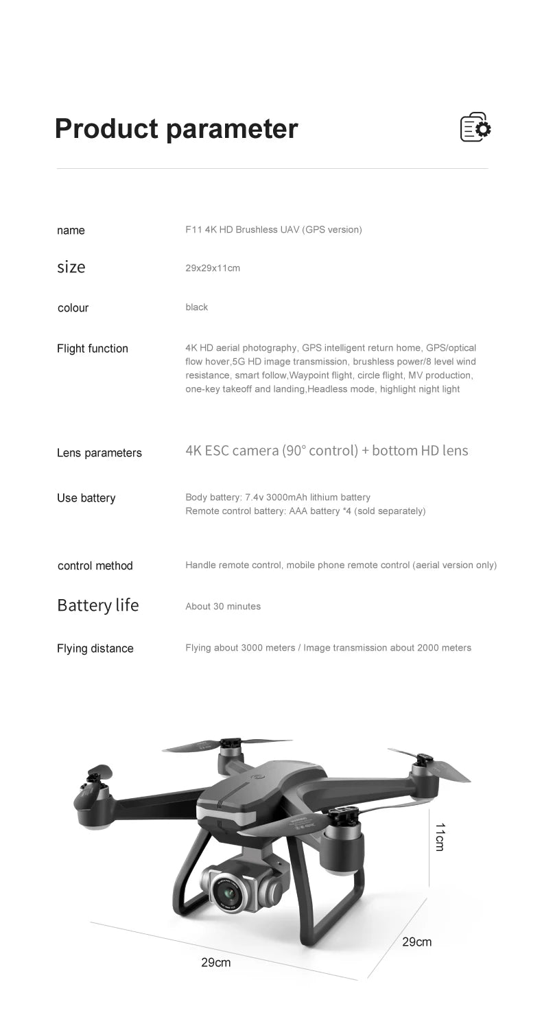 F11 PRO Drone - GPS 4K HD Dual HD Camera Professional WIFI FPV التصوير الجوي بدون فرش محرك كوادكوبتر Dron Toys كاميرا احترافية بدون طيار 29 F11 PRO Drone, F11 4K HD Brushless UAV (GPS version) size 29x29x
