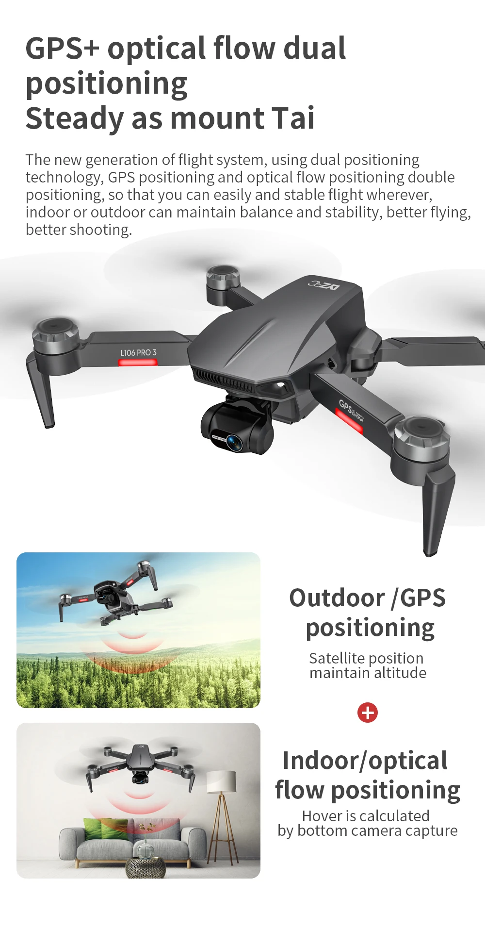 L106 Drone - 3 Axis Gimbal Camera Professional 8K HD GPS 5G FPV 3Kilometers 25 Minutes Brushless RC Quadcopter Toys Professional Camera Drone 29 L106 Drone, new generation of flight system, using dual positioning technology, GPS positioning and optical flow positioning double positioning