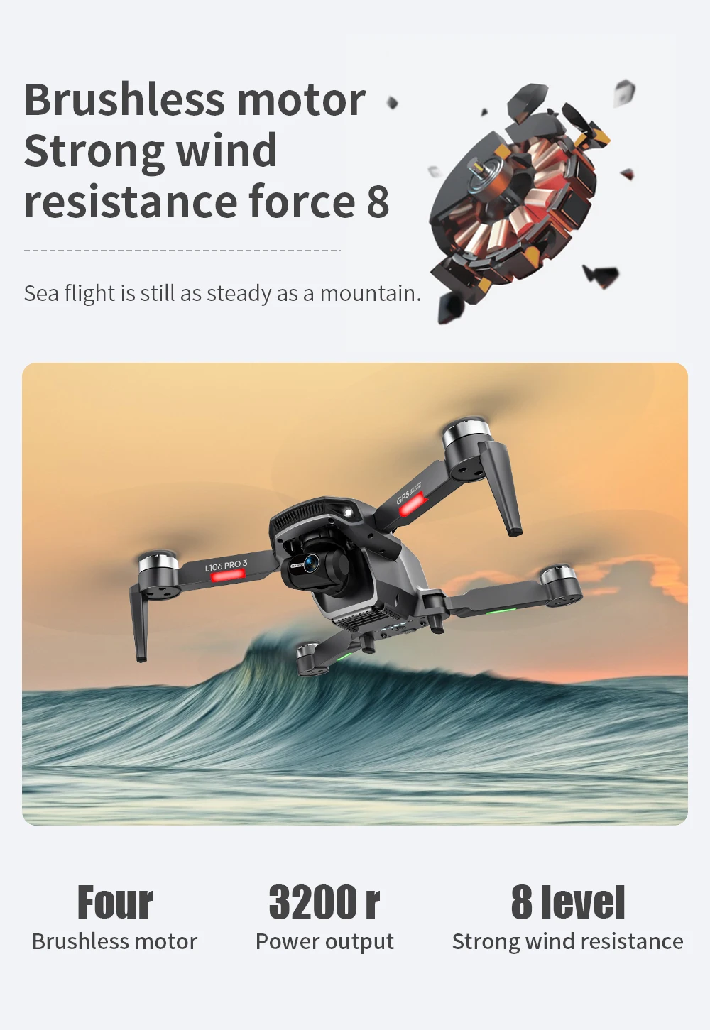 L106 Drone - 3 Axis Gimbal Camera Professional 8K HD GPS 5G FPV 3Kilometers 25 Minutes Brushless RC Quadcopter Toys Professional Camera Drone 30 L106 Drone, LI06 PRO Four 3200 r 8 Ievel Brushless motor Power output Strong wind
