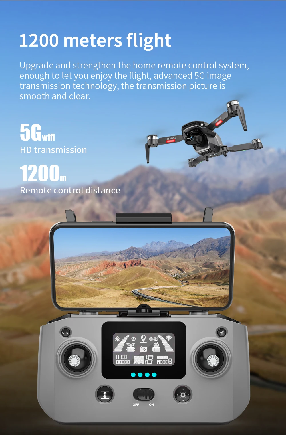 L106 Drone - 3 Axis Gimbal Camera Professional 8K HD GPS 5G FPV 3Kilometers 25 Minutes Brushless RC Quadcopter Toys Professional Camera Drone 33 L106 Drone, 5G image transmission technology, the transmission picture is smooth and clear . 1200 meters flight