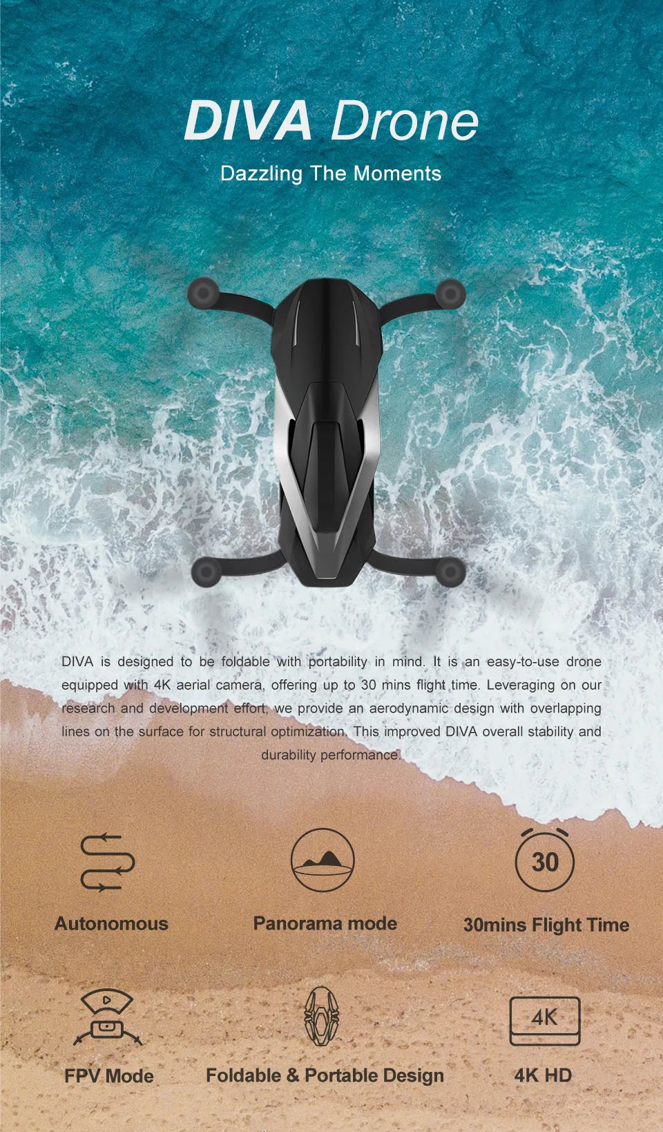 Funsnap Aerial Vehicle face tracking camera drone, DIVA Drone Dazzling The Moments is designed to be foldable with portability