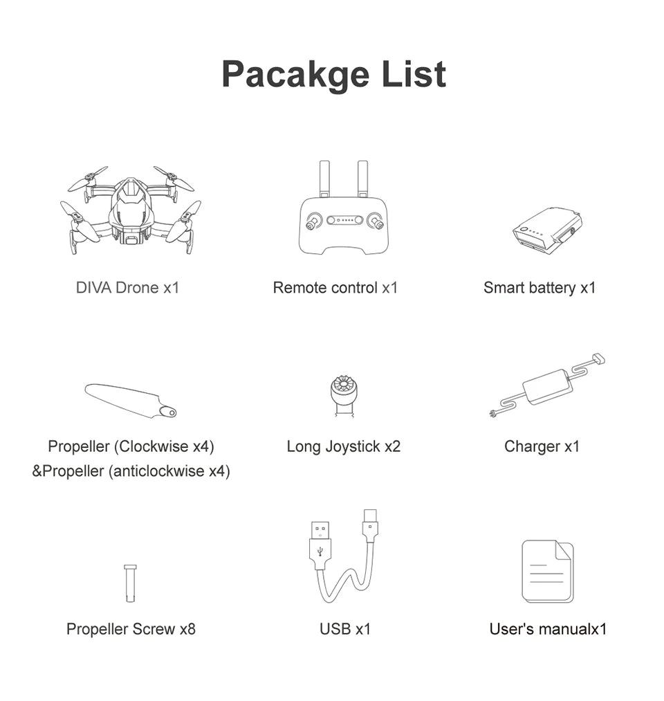 Funsnap Aerial Vehicle face tracking camera drone, Pacakge List DIVA Drone x1 Remote control x2 Smart battery 