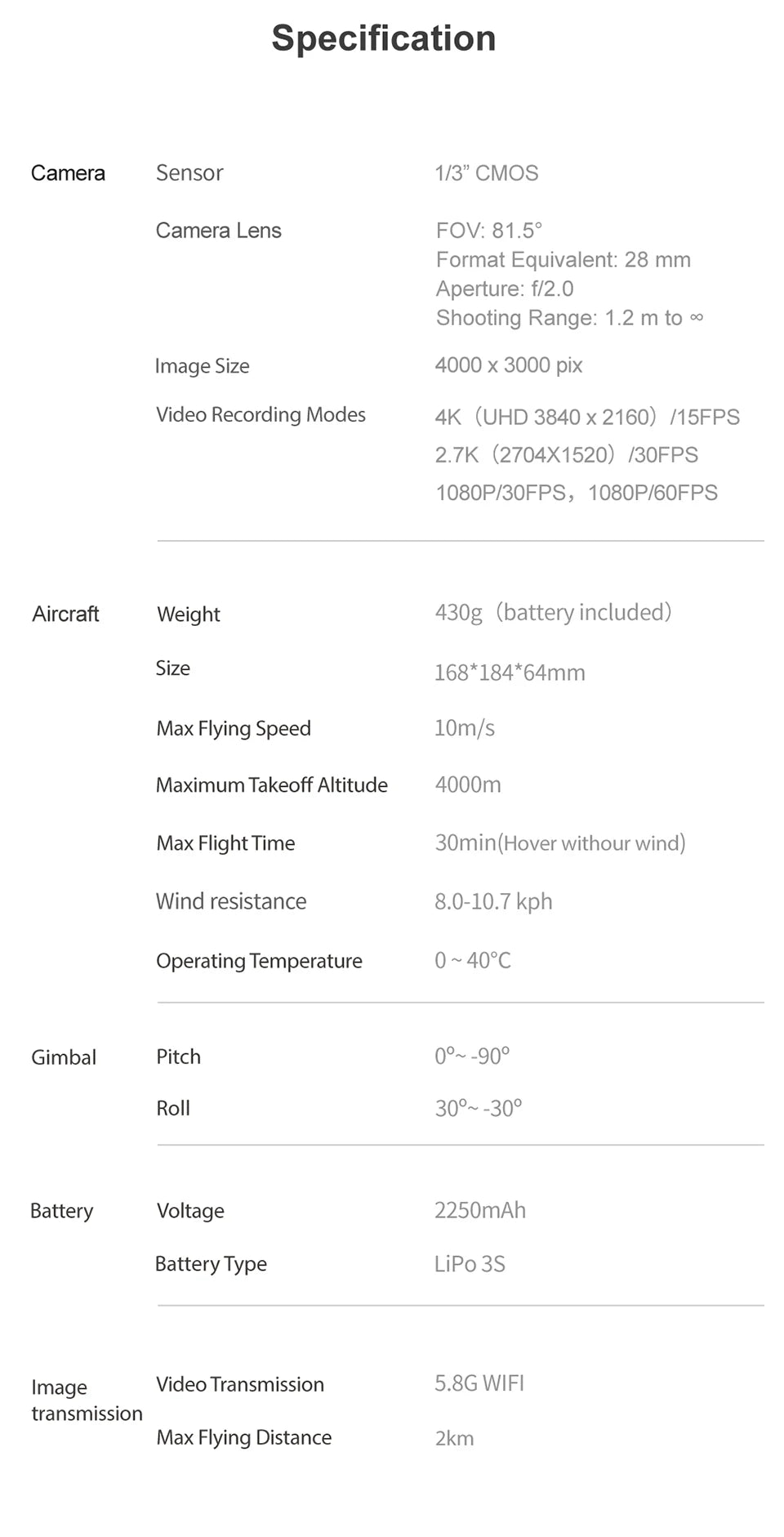 Funsnap Aerial Vehicle face tracking camera drone, CMOS Camera Lens FOV: 81.58 Format Equivalent: 28 mm