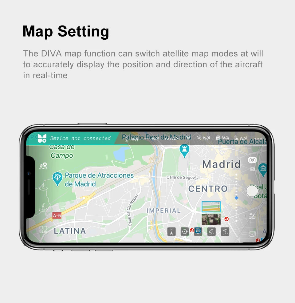 Funsnap Aerial Vehicle face tracking camera drone, Map Setting The DIVA map function can switch atellite map modes at will to accurately
