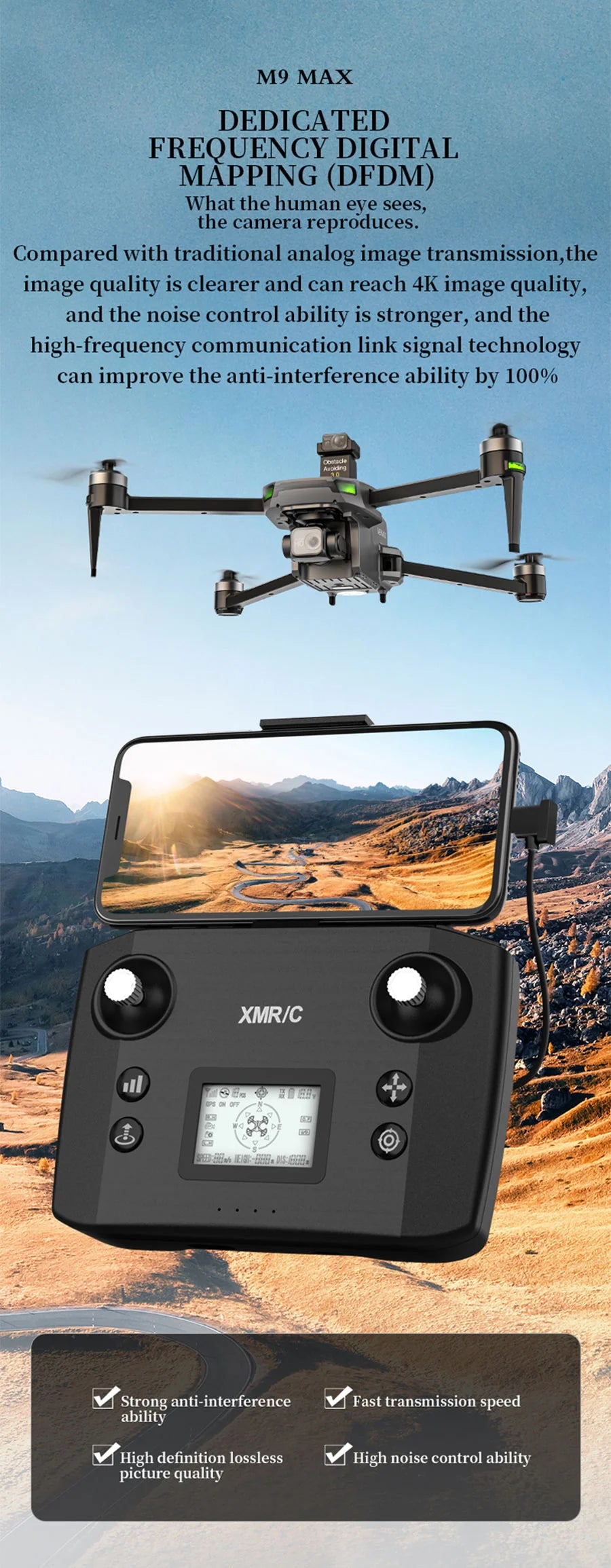 XMR/C M9 MAX Drone - 3 Axis Gimbal 4K Camera Brushless GPS 5G Obstacle Avoidance Quadcopter Screen Remote Control 17 XMR/C M9 MAX Drone, M9 MAX DEDICATED FREQUENCY DIGITAL MAPPING
