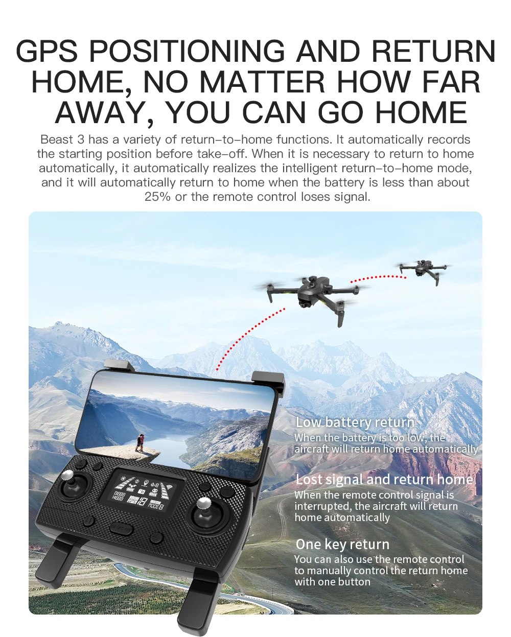 JINHENG SG906 Max GPS Drone, Beast 3 has a variety of return-to-home functions . it will automatically return