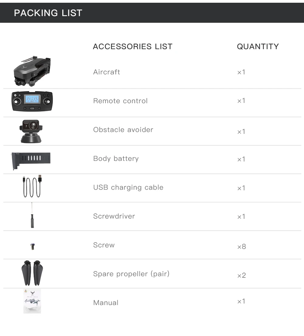 JINHENG SG906 Max GPS Drone, PACKING LIST ACCESSORIES QUANTITY Aircraft x1