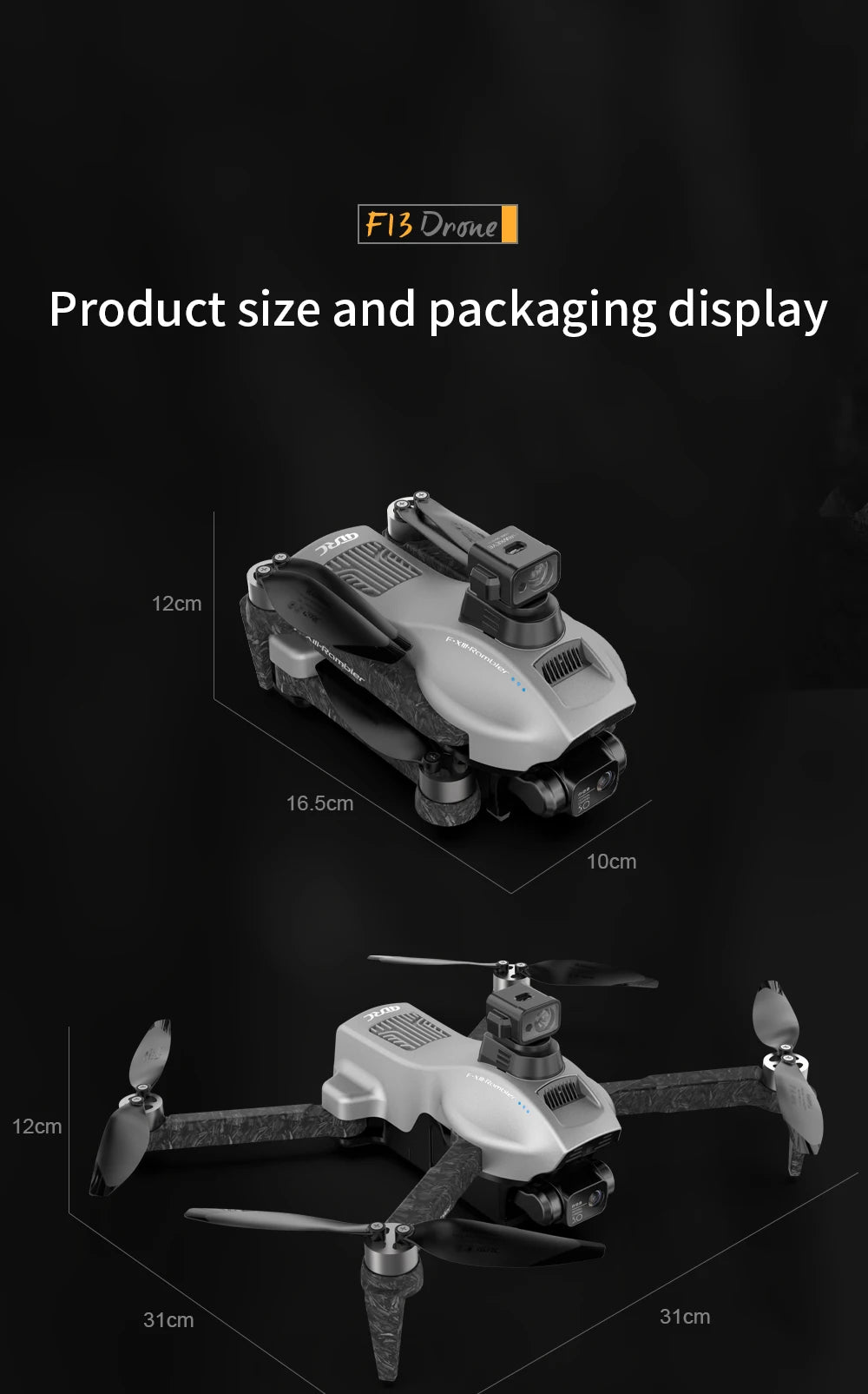 4DRC F13 - GPS Drone, Fl3 Dnone Product size and packaging display 12cm 16