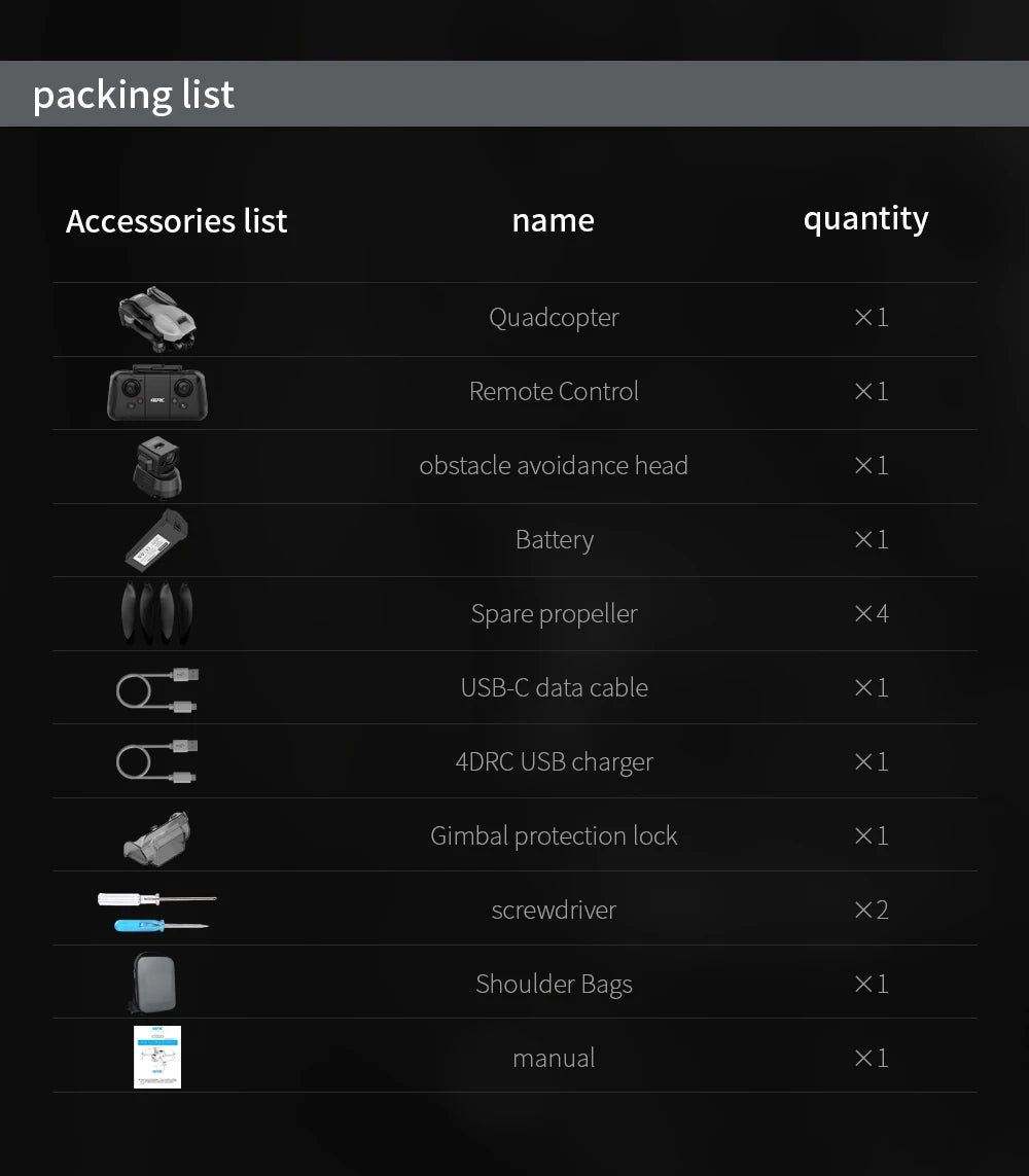 4DRC F13 - GPS Drone, accessories list name quantity Quadcopter Xl Remote Control X